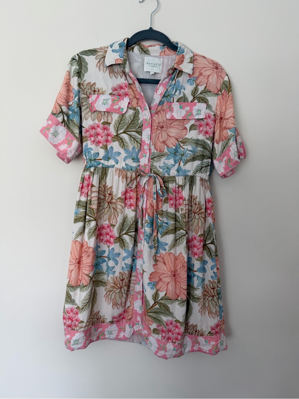 Marigold Floral Button-Front Mini Dress -Lined and 100% Cotton